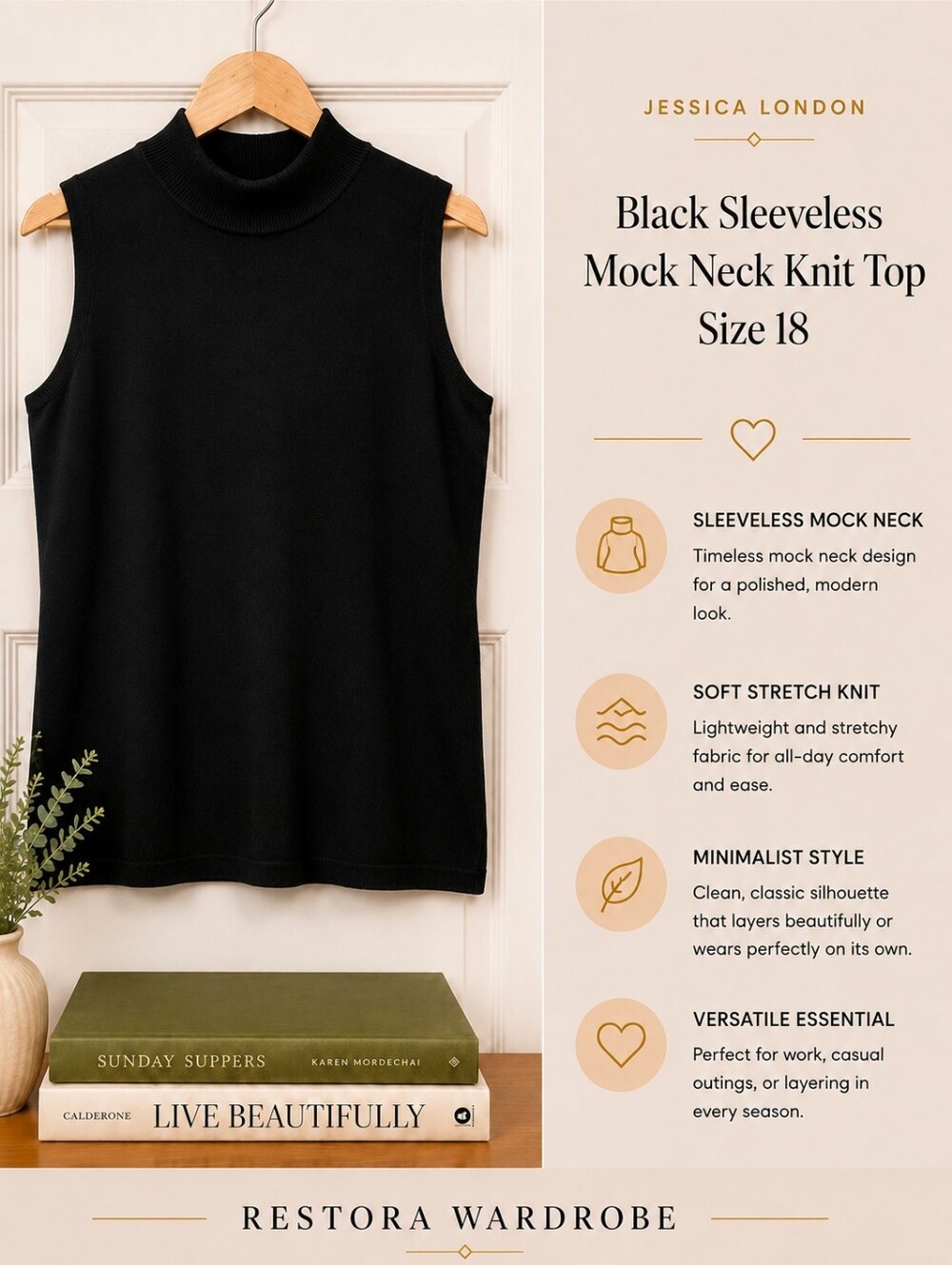 Jessica London Sleeveless Mock Neck Knit Top Black Plus Size 18 Classic